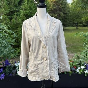 Women's Beige shimmery Frayed Edge Jacket Size Large Cotton linen spandex blend